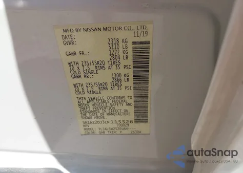 2020 Nissan Murano Platinum Fwd из США, поврежденный, VIN 5N1AZ2DJ3LN115526